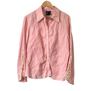 MIST Pink Linen long sleeve button front shirt Top lace detailing XL